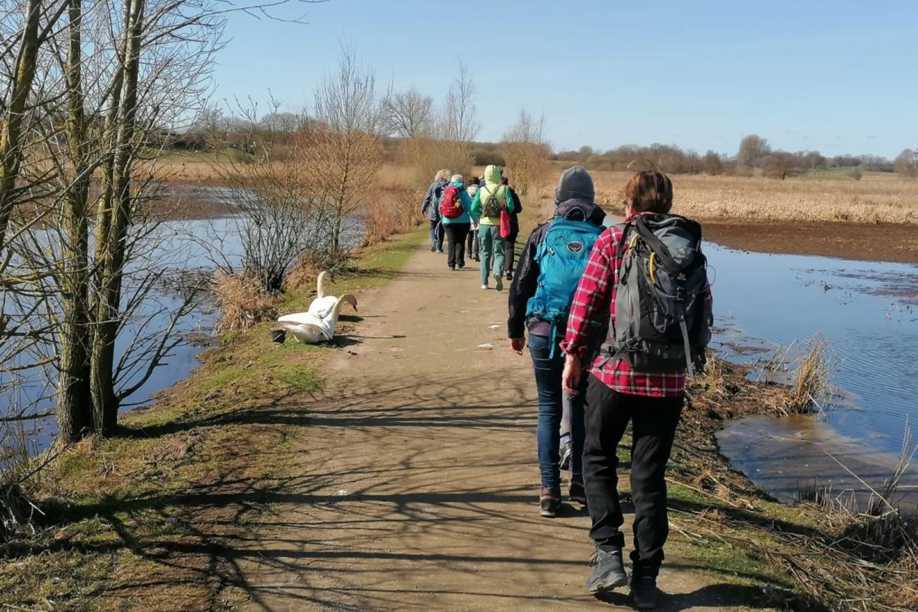 Frauen gehen hintereinander auf einem Weg 