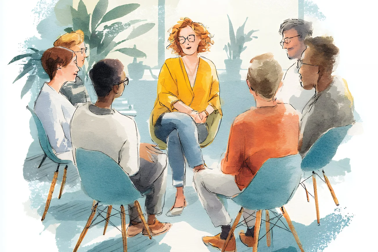 Illustration Menschen sitzen im Stuhlkreis