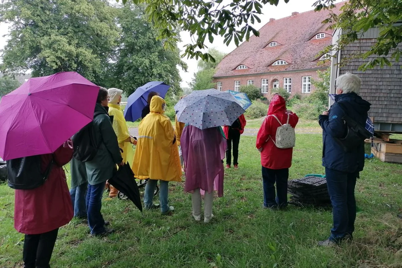 Frauen stehen mit Regenschirmen im Garten des WandelGuts
