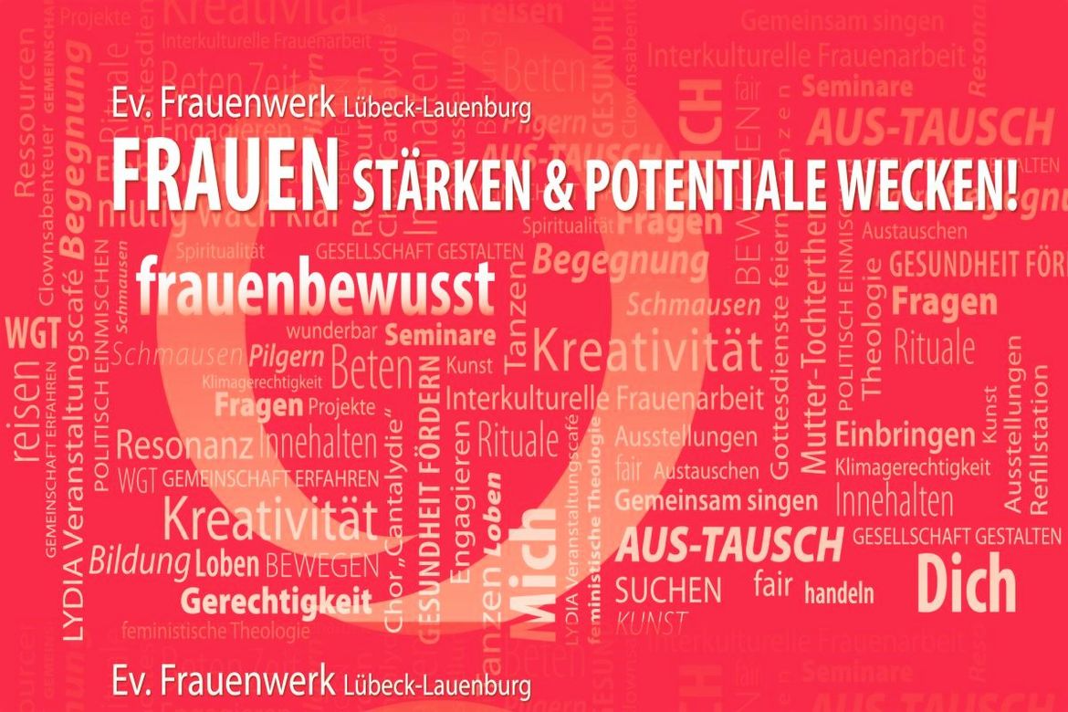 - Copyright: Ev. Frauenwerk rote Postkarte mit weißer Schrift - Copyright: Ev. Frauenwerk