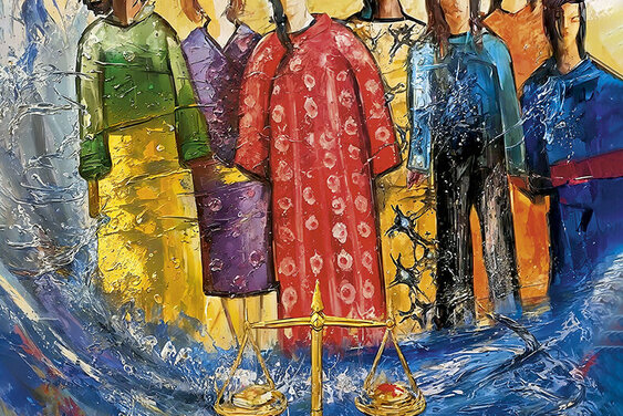 Gemälde, Frauen im Wasser mit Globus, Waage und Taube - Copyright: Shams Saad  © 2026 World Day of Prayer International
