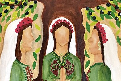 Zeichnung von drei Frauen sitzend unter einem Olivenbaum - Copyright: World-Day-of-Prayer-International-Committee-Inc.