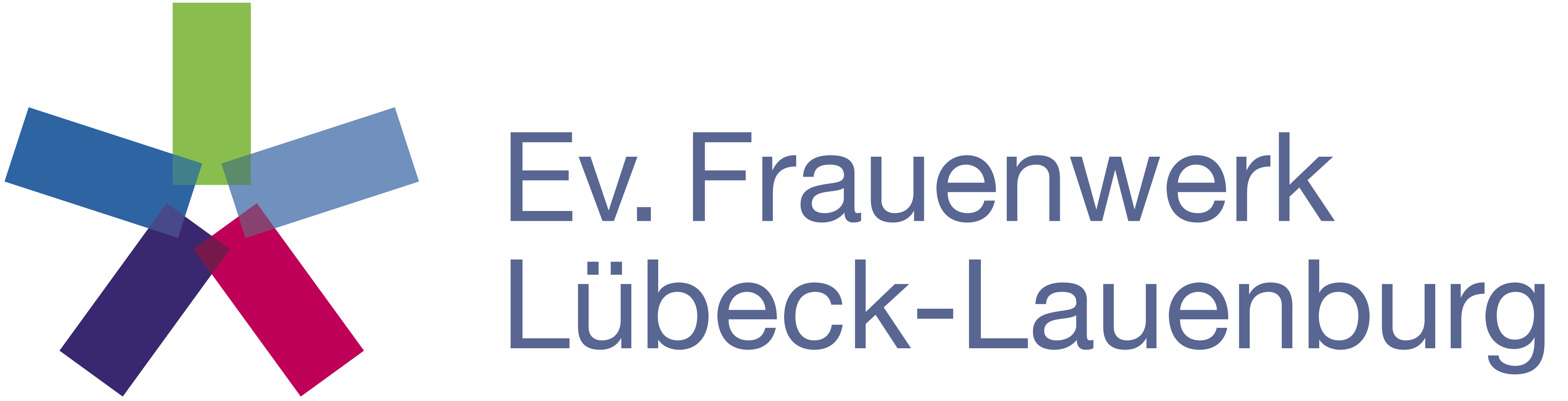 Eine Art Windrad mit fünf Farben auf der linken Seite, rechts davon der Schriftzug Ev. Frauenwerk Lübeck-Lauenburg