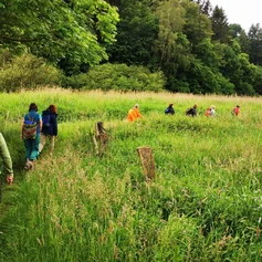 Menschen gehen auf einem Weg durch hohes Gras