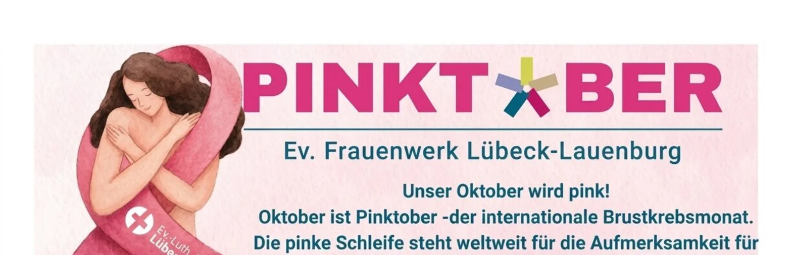 Text Pinktober aus pinkem Hintergrund mit Schleifer und Frau